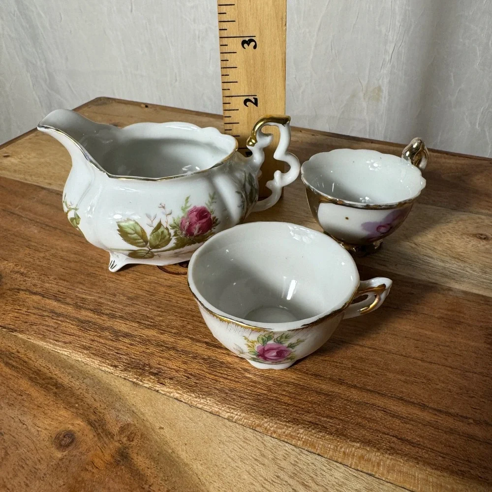Miniature Porcelain Tea Set Creamer Teacups White Pink Gold Floral Vintage 3pc